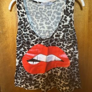 Grey/Black Leopard Print Cropped Tank with Red Lips Graphic